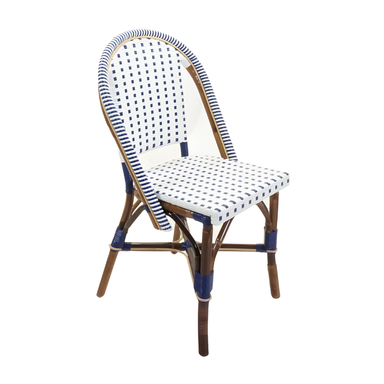 Side chair with white seat and back, blue patterned woven bands, and wooden legs