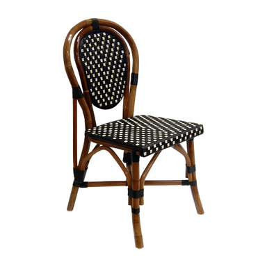 Woven side chair with warm wood frame, black and cream lattice seat and back.