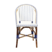 Side chair with white seat and tall back, blue woven bands, and wood frame