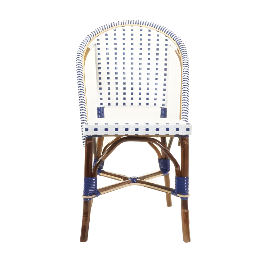 Side chair with white seat and tall back, blue woven bands, and wood frame