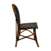 Woven side chair with black-and-cream seat panel and warm wood legs.