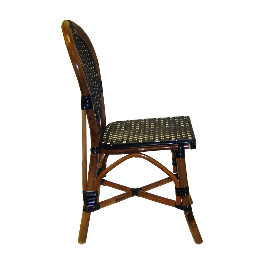 Woven side chair with black-and-cream seat panel and warm wood legs.