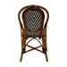 Side chair with arched woven back in black with cream square pattern and wood frame.