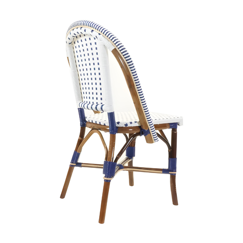 Side chair with white back panel and seat, navy woven grid, and blue accent bands