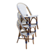 Stacked side chairs with white and blue woven seats and arched back frames
