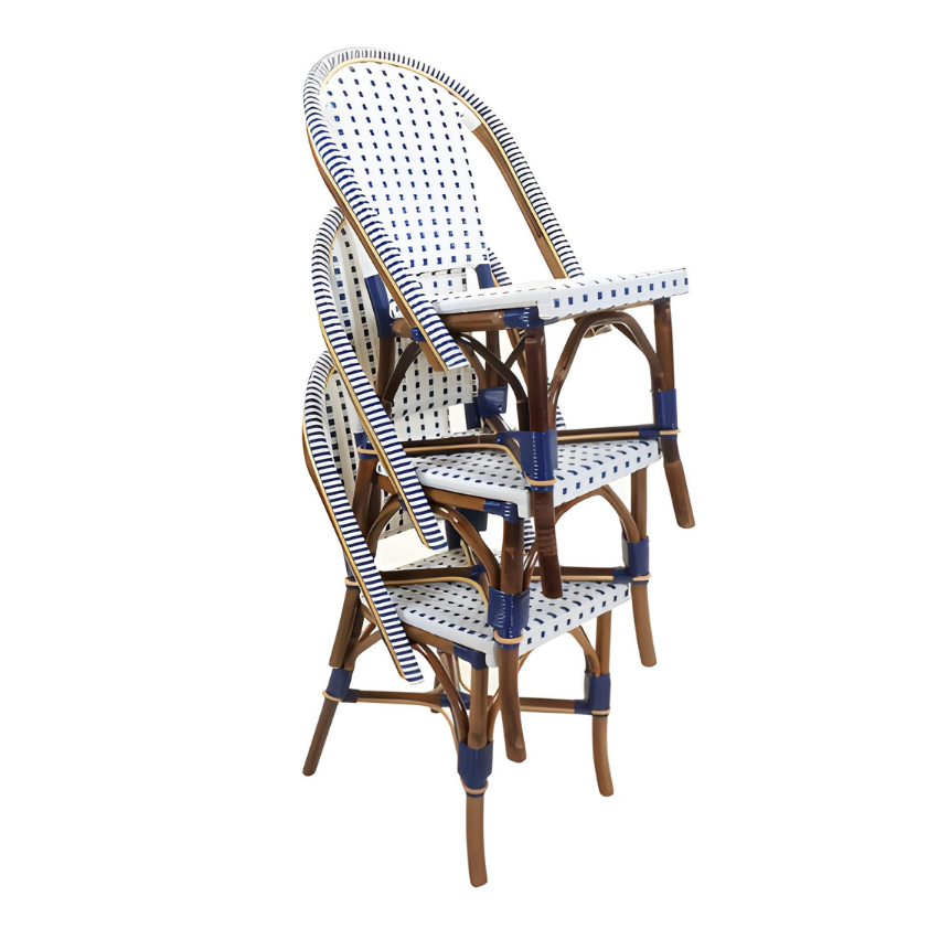 Stacked side chairs with white and blue woven seats and arched back frames
