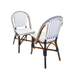 Pair of side chairs with white-and-blue woven seats and backs on wooden frames