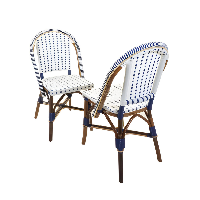Pair of side chairs with white-and-blue woven seats and backs on wooden frames