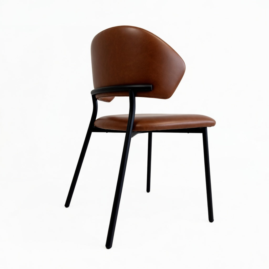 Side chair with brown upholstered seat and back, curved arm profile, black metal legs