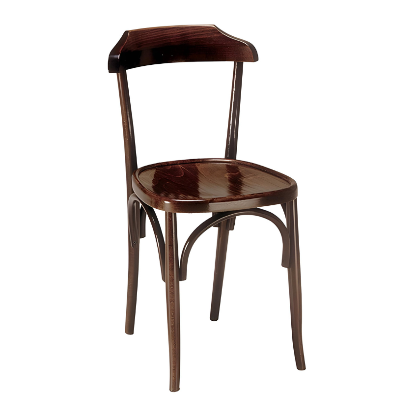 Hazelyn side chair with round wooden seat and curved back, dark walnut finish.