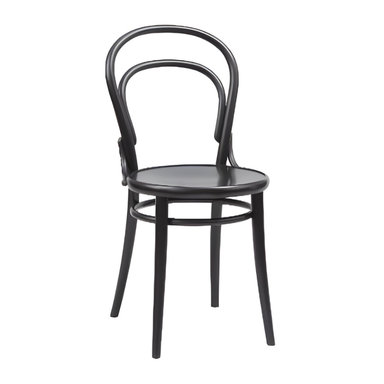 Astoria side chair with curved hoop back and round black seat, tapered legs.