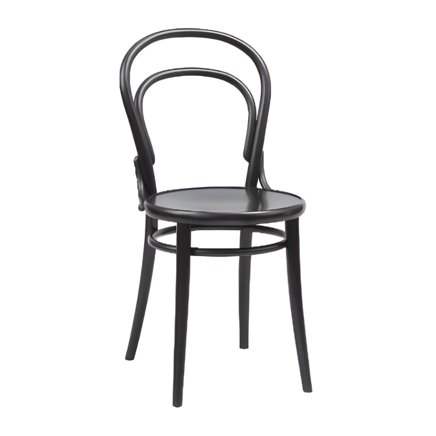 Astoria side chair with curved hoop back and round black seat, tapered legs.