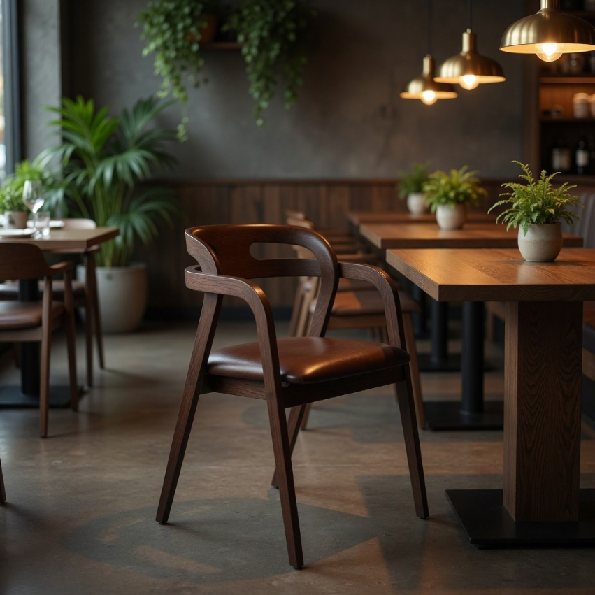 Arm chair with dark brown leather-look seat and backrest, curved armrests, wood frame