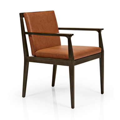 Brown leather arm chair with dark wood arms and padded seat cushion