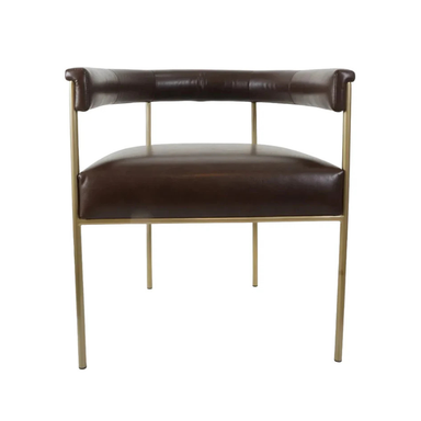 Brown leather arm chair with curved arms, upholstered seat, and gold metal legs