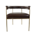 Brown leather arm chair with curved arms, upholstered seat, and gold metal legs