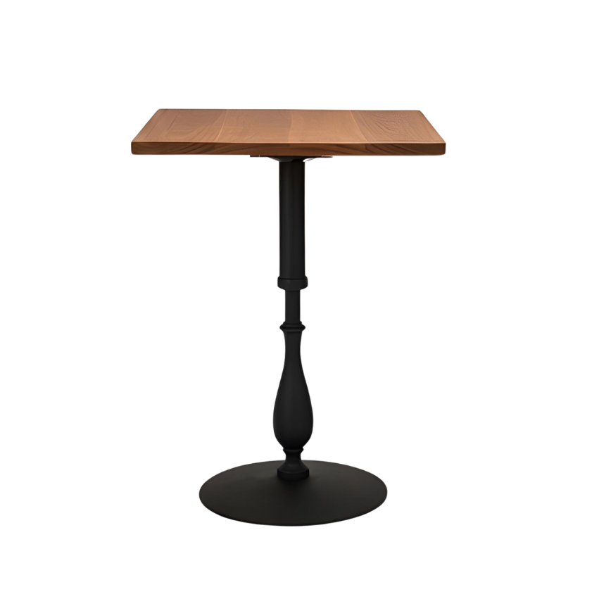 Black table base with pedestal column and wide round base under wood tabletop