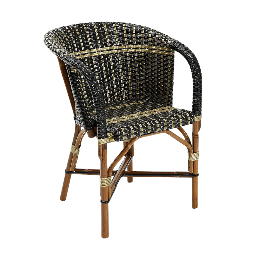 Woven arm chair with black and gold textured pattern, curved armrests, wooden legs.