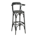 Slate gray wooden bar stool with curved backrest and arched footrest frame