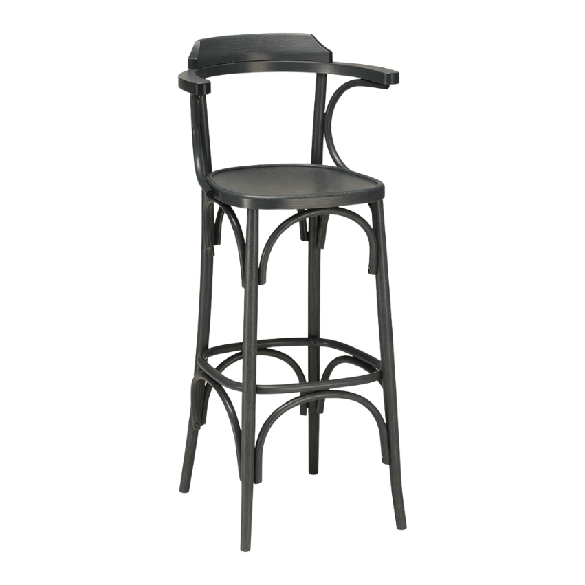 Slate gray wooden bar stool with curved backrest and arched footrest frame