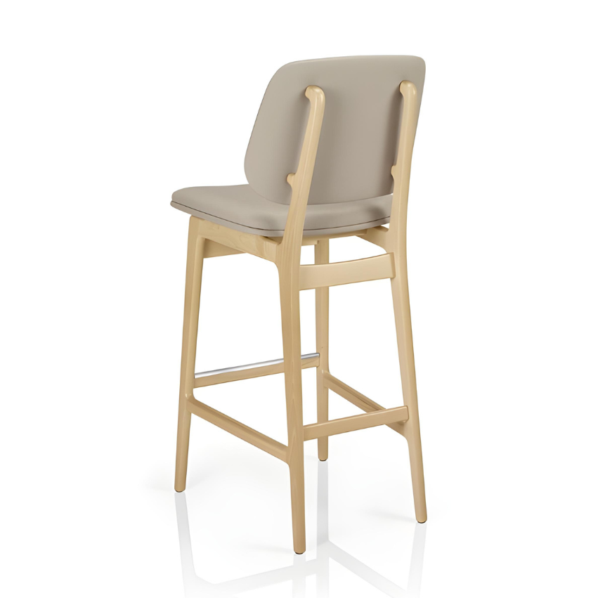 Upholstered bar stool with beige seat, light wood frame and arched back