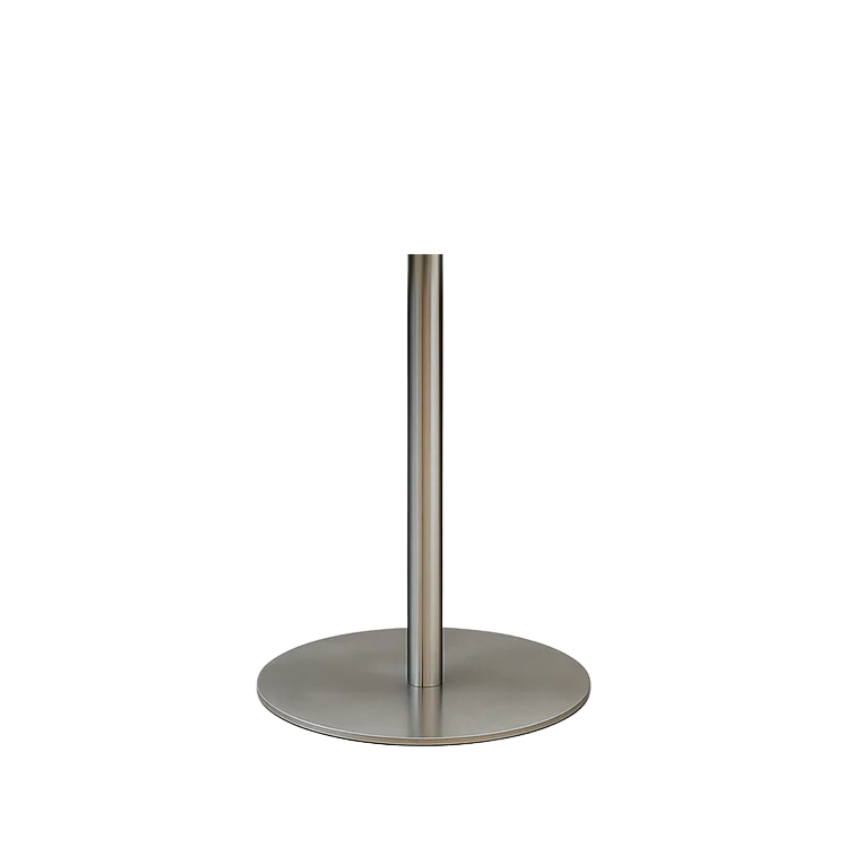 Round metal table base with vertical pedestal post and circular base plate