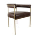 Dark brown leather arm chair with padded back, rounded arms, and gold metal frame