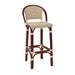 Bar stool with curved dark wood frame and beige speckled woven seat and back