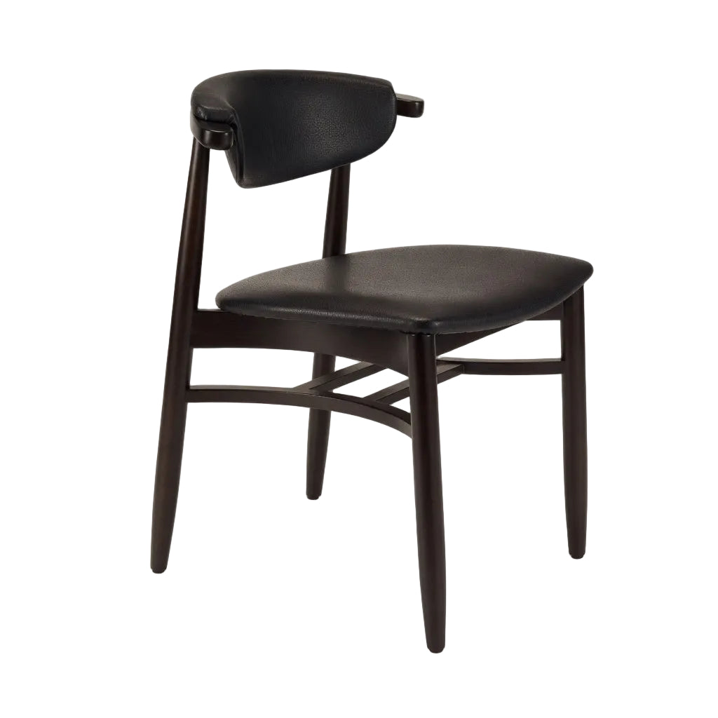 Dark brown side chair with black upholstered seat and curved backrest, angled view