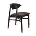 Dark brown side chair with black upholstered seat and curved backrest, angled view