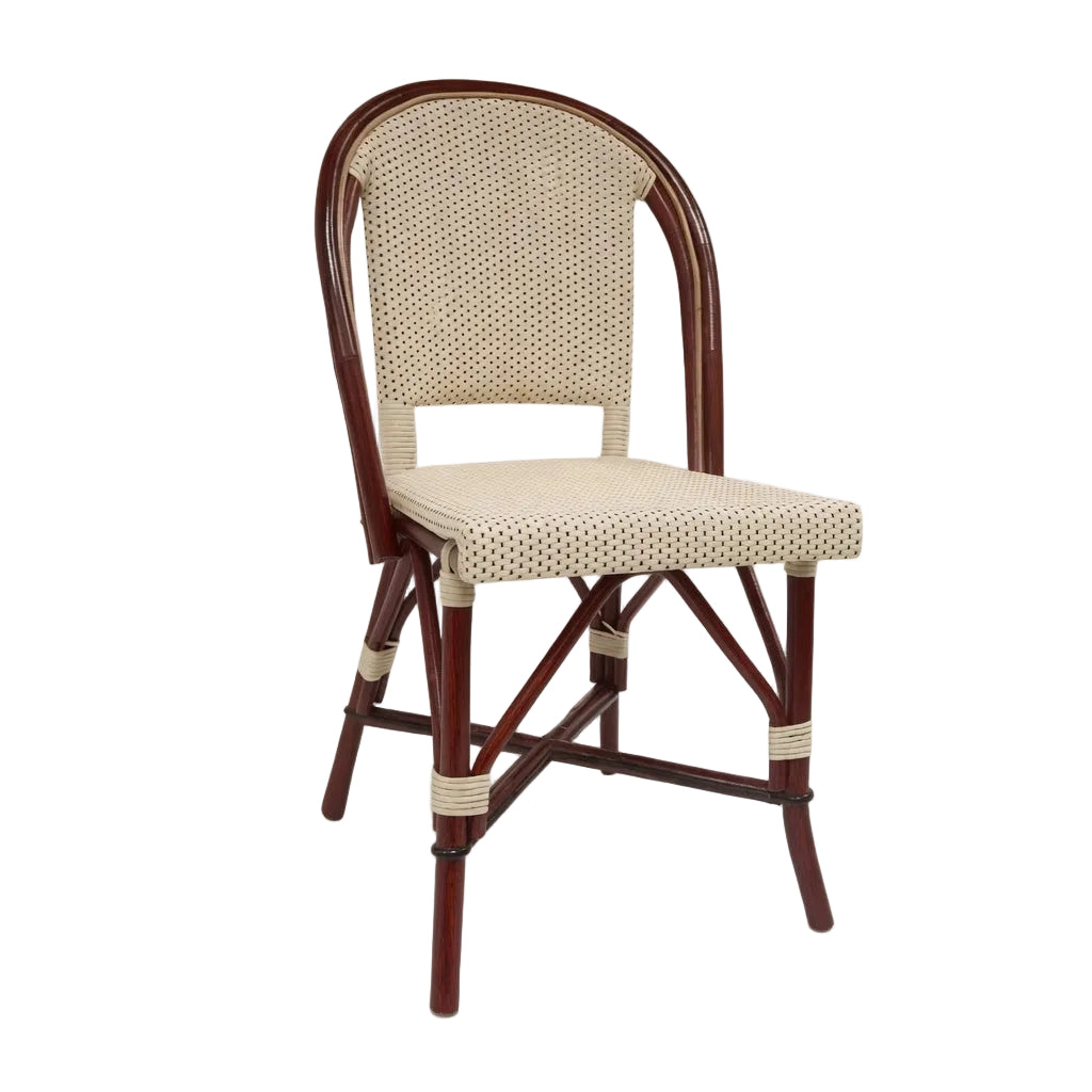 Side chair with curved dark wood arms and cream woven back and seat.