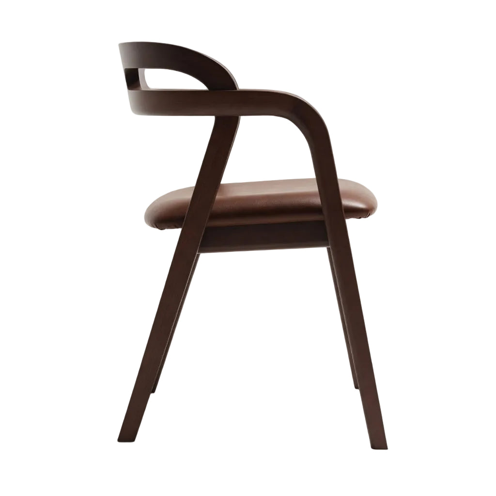 Arm chair with padded dark brown seat, open handle-style back, curved armrests, wood base