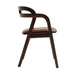 Arm chair with padded dark brown seat, open handle-style back, curved armrests, wood base