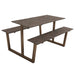 Double-top table with dark brown metal legs and two rectangular tops in mottled concrete gray.