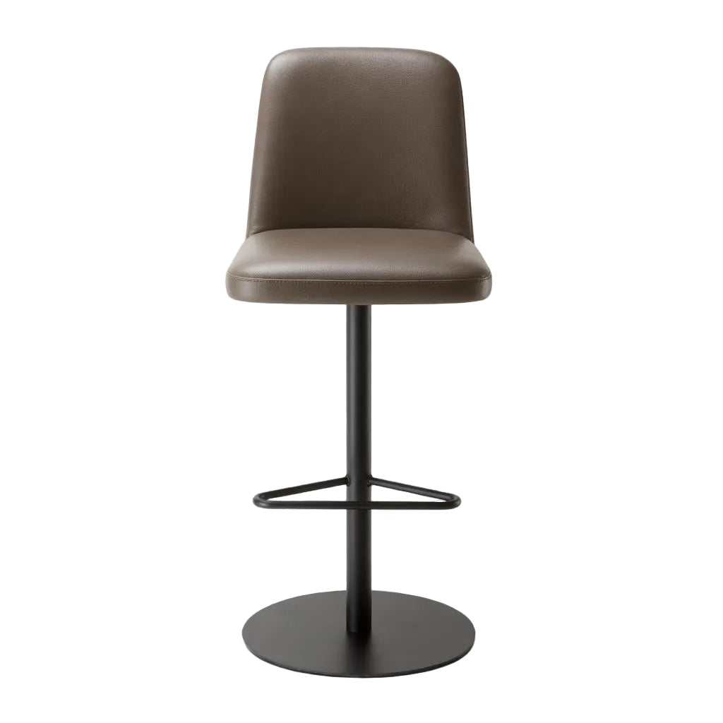 Upholstered bar stool with black base and taupe seat