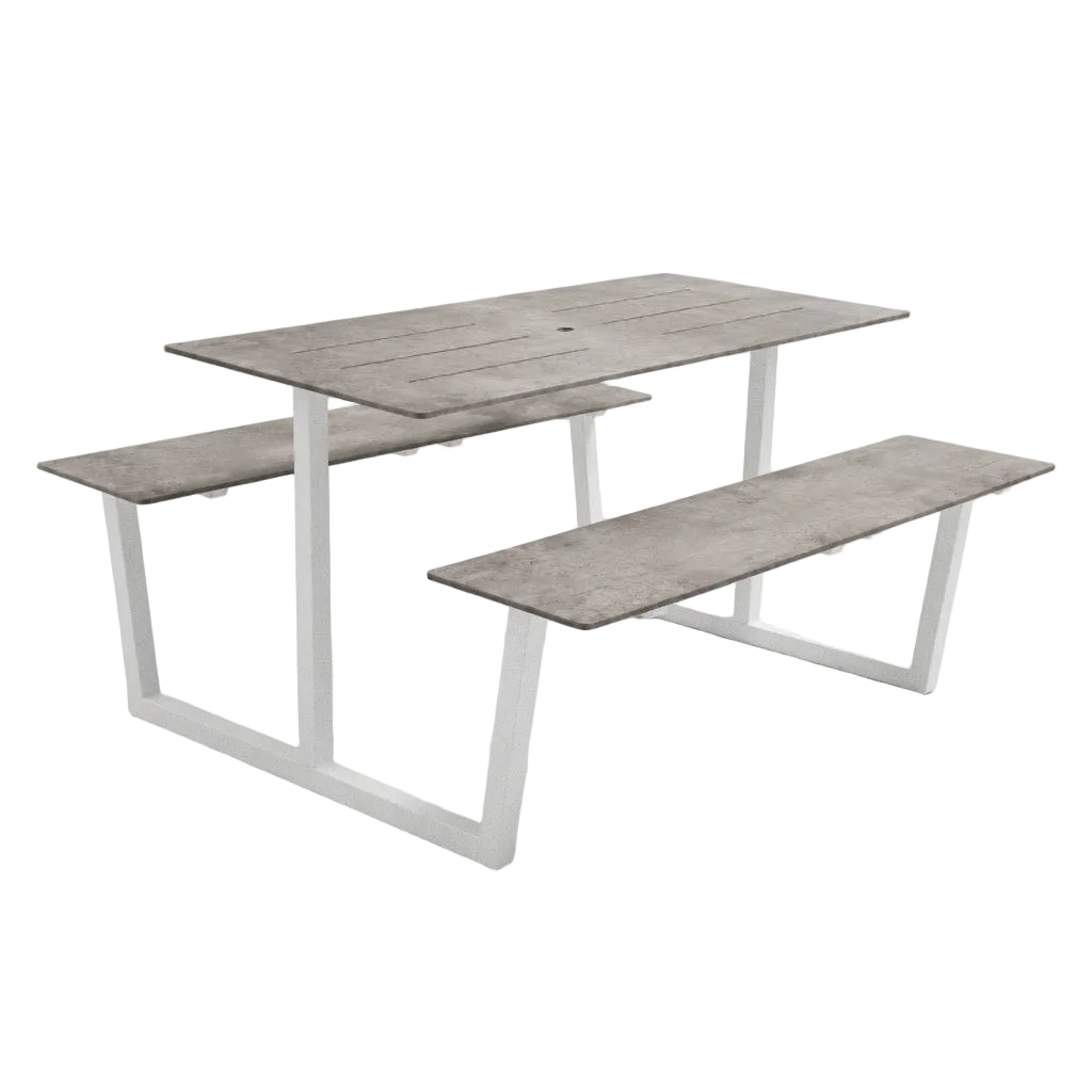 Monterey table set with concrete-look rectangular tabletop, bench, white metal base