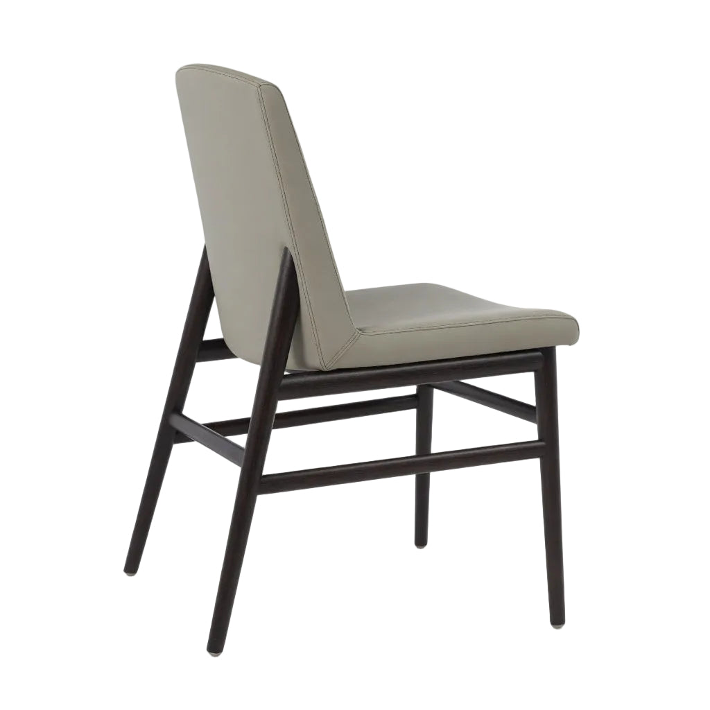 Upholstered side chair with light gray seat, dark brown wood arm frame