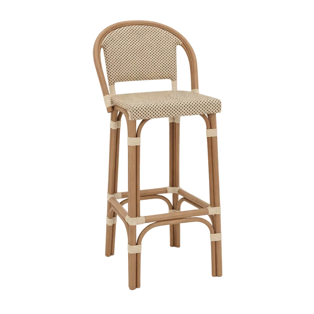 Bar stool with light wood frame and beige speckled woven seat and back, front view