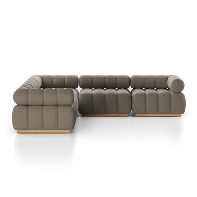 A five-piece sectional sofa with a teak wood base and upholstered in a brown fabric, featuring a modular design.