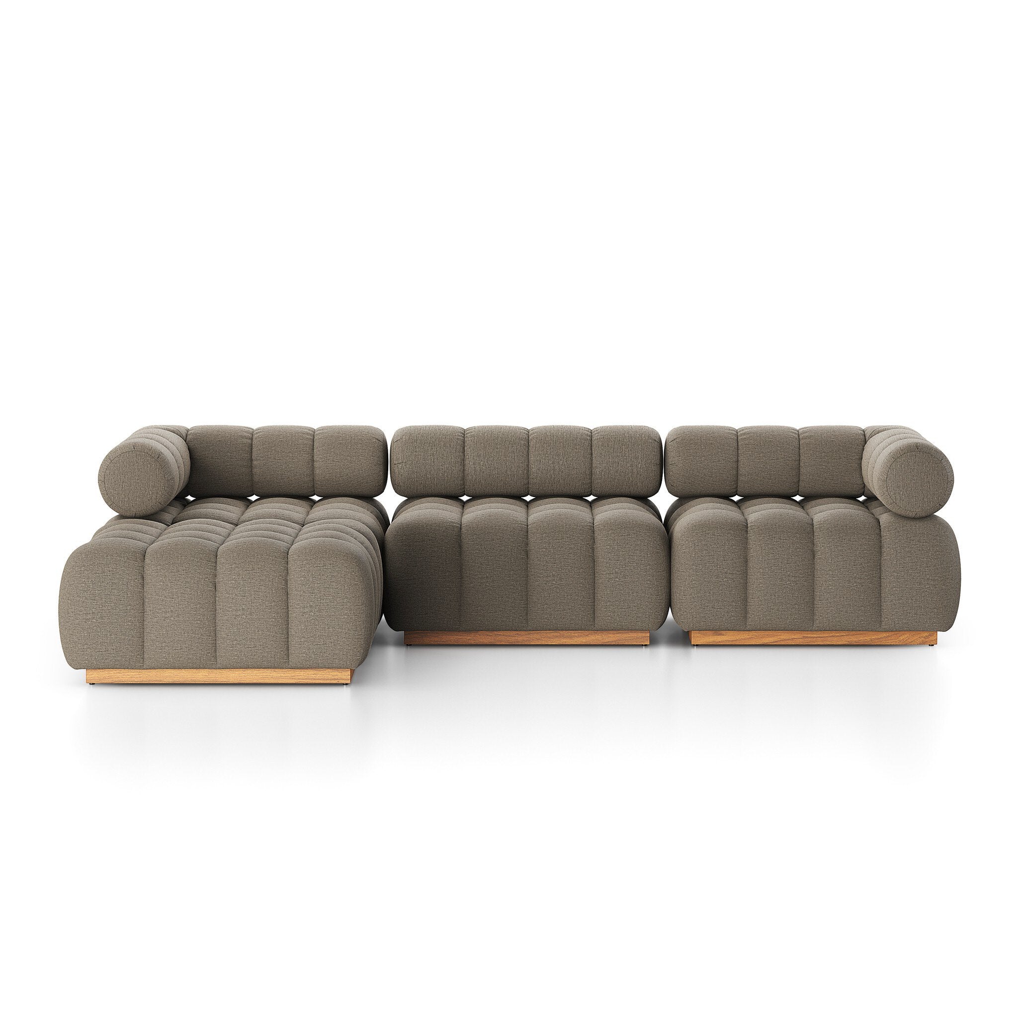 Outdoor 3-piece sectional sofa in Alessi Fawn with rounded arms and tufted cushions