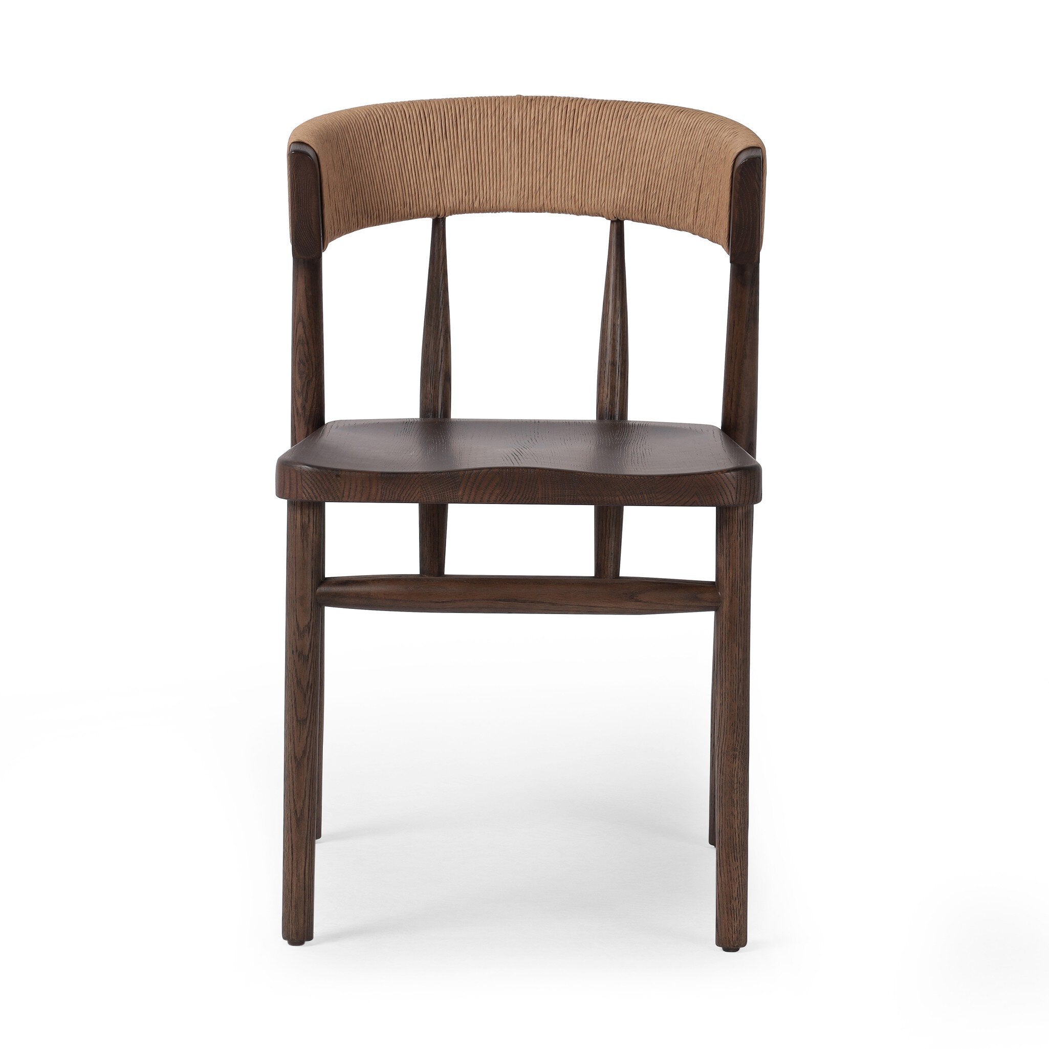 A solid oak dining chair with a paper rush wrapped detail on the back, tapered legs, and a dark finish.