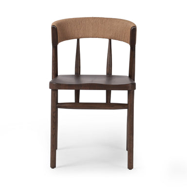 A solid oak dining chair with a paper rush wrapped detail on the back, tapered legs, and a dark finish.