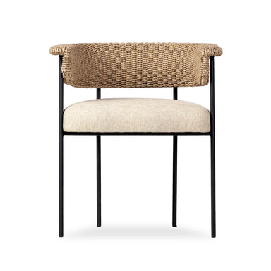 Airy mid-century modern outdoor dining chair with a sculptural woven back for luxury restaurant and resort patios