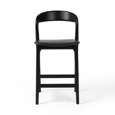 Amare Counter Stool with monochromatic top-grain black leather seat and minimalist black-finished Scandinavian solid ash wood base