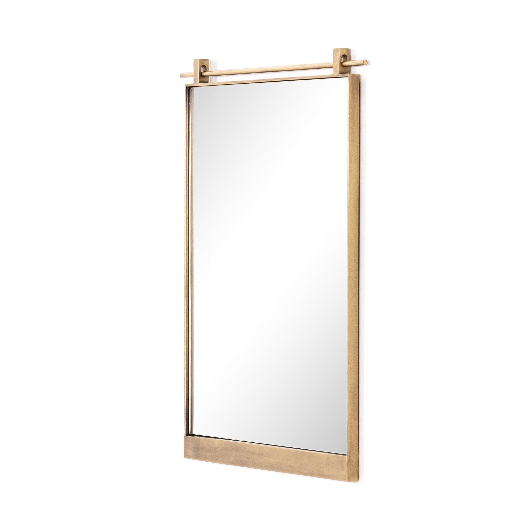 Angled Chico small square wall mirror with a vertical antique brass suspension bar