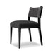 Armless dining chair with gray fabric seat cushion and dark upholstered back, side view