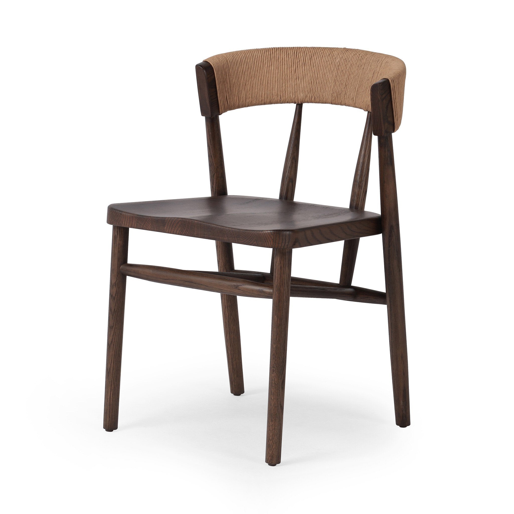 Angled A solid oak dining chair with a paper rush wrapped detail on the back, tapered legs, and a dark finish.