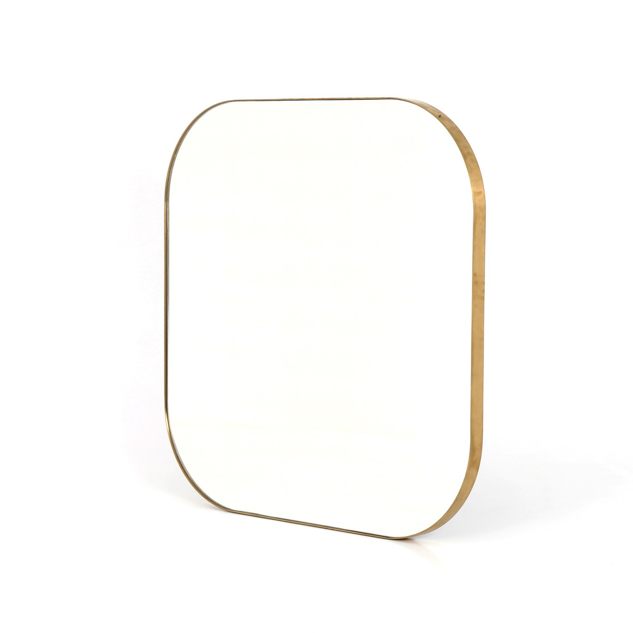 Angled Bellvue square mirror with softly rounded corners and a polished brass stainless steel frame