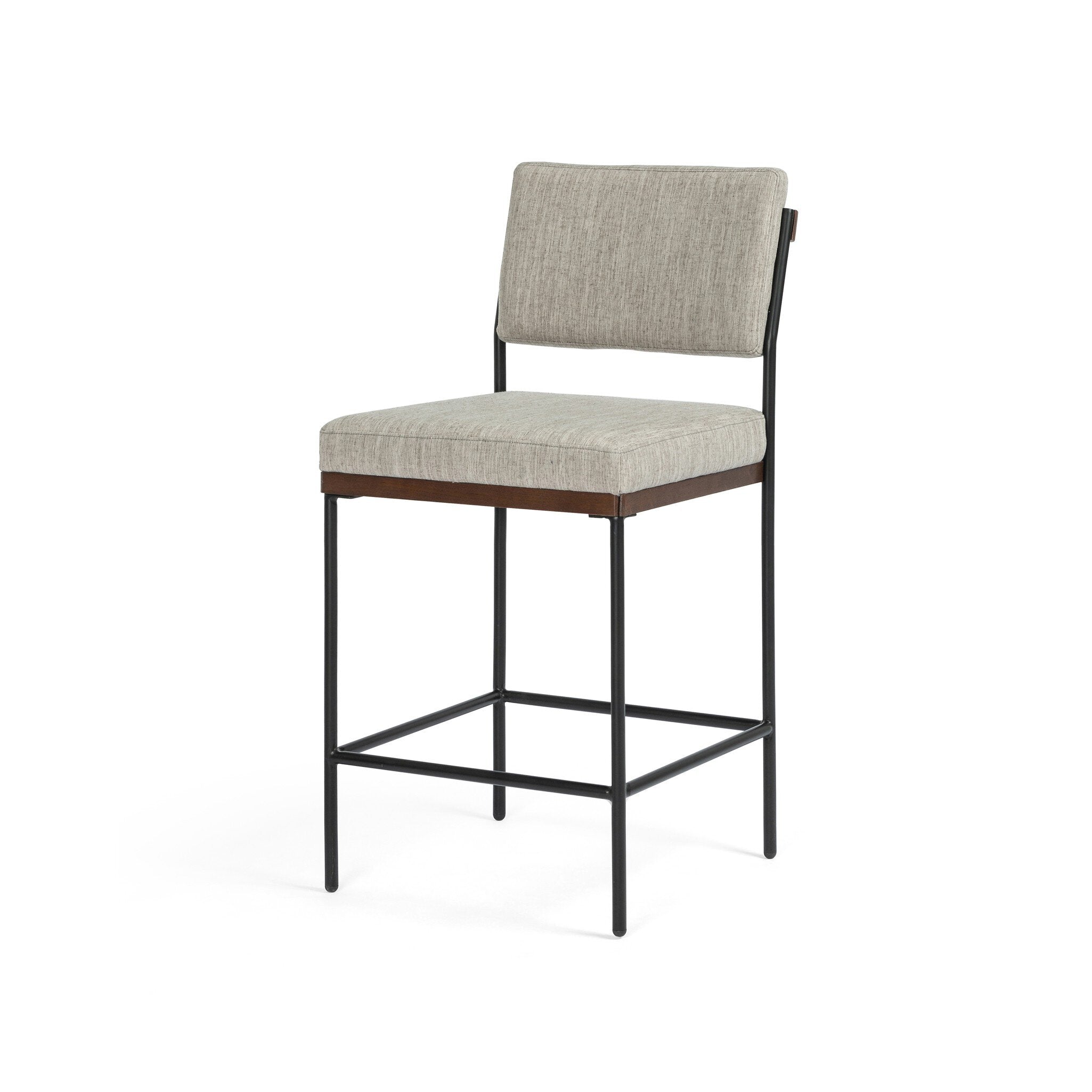 Counter height bar stool with light gray upholstered seat, black frame, wood trim