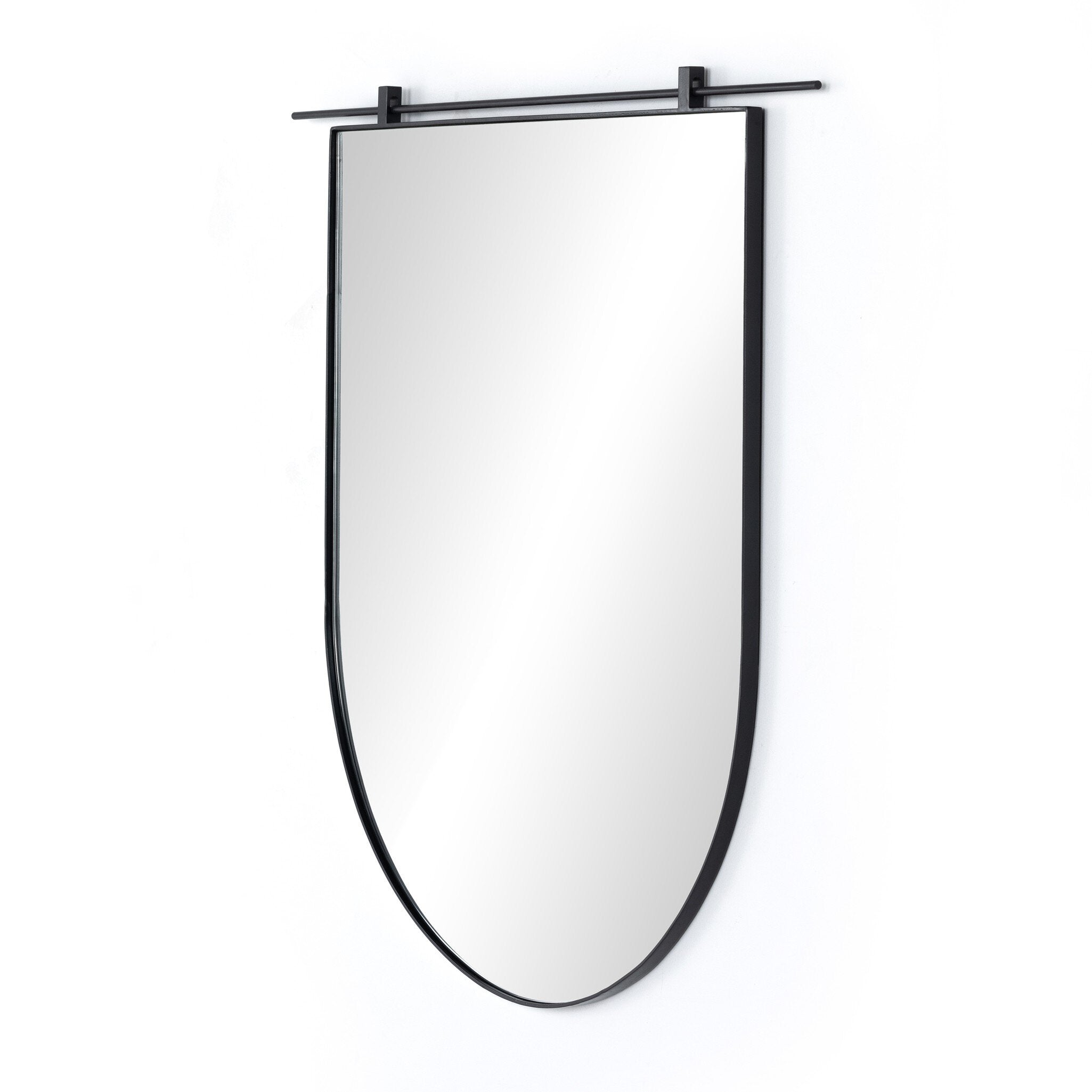 Angled Chico 50-inch wide arch wall mirror with a vertical antiqued iron suspension bar